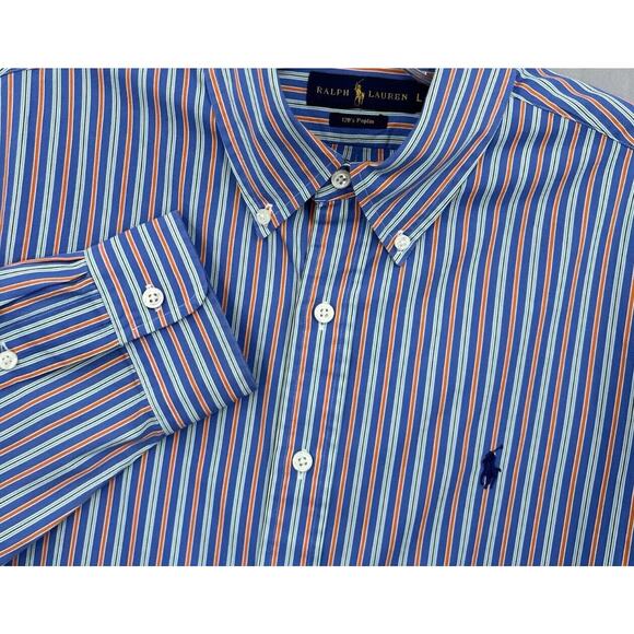 Polo Ralph Lauren Shirt Mens Small Button Up Blue Orange Bar Stripe 120s Poplin - Picture 1 of 8
